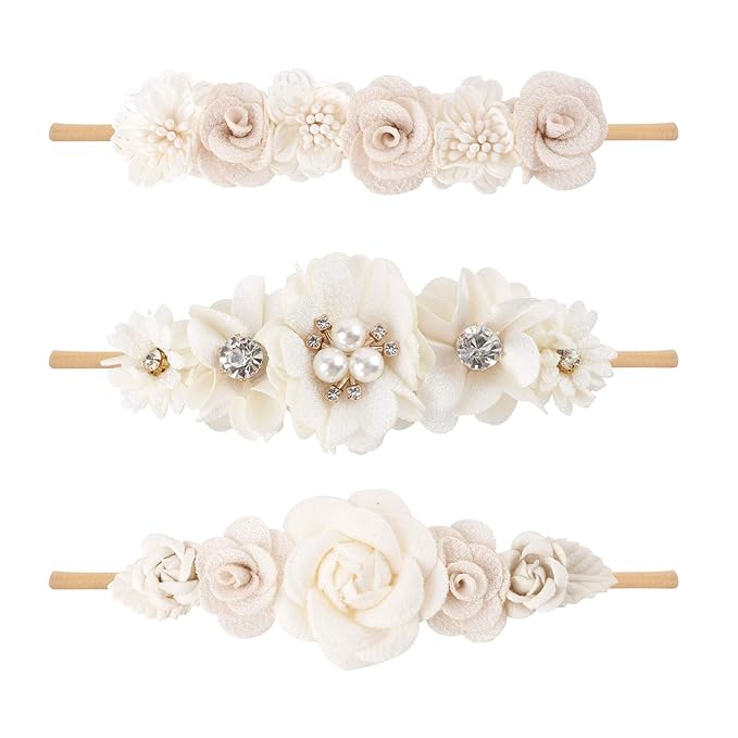 Baby Girl Nylon Headbands Flower Hair Bows Accessories-Elastic Hair Band Crown Handmade FLoral Wraps Birthday Gifts for Girls Newborn Infant Toddler 3Pcs