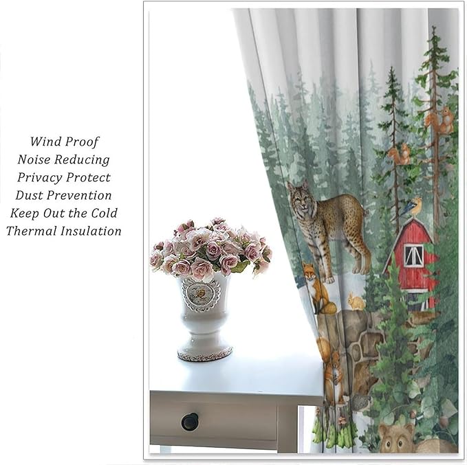Woodland Animal Curtains, Watercolor Squirrel Hare Bear Bird Pattern Blackout Window Treatments, Rod Pocket Thermal Insulated Drapes 2 Panel Sets for Kids Bedroom Nursery Classroom, 72" W X 63" L