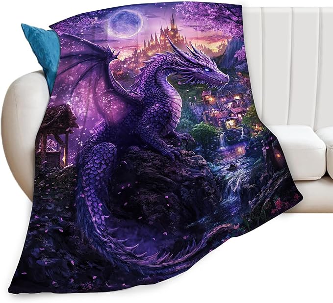 Dragon Blanket Purple Throw Blankets for Girls Boys Soft Warm Cool Mysterious Castle Throws Flannel Fleece Plush Animal Gifts for Kids Men Women Adults for Bed Sofa Bedding Decor 50"x40"