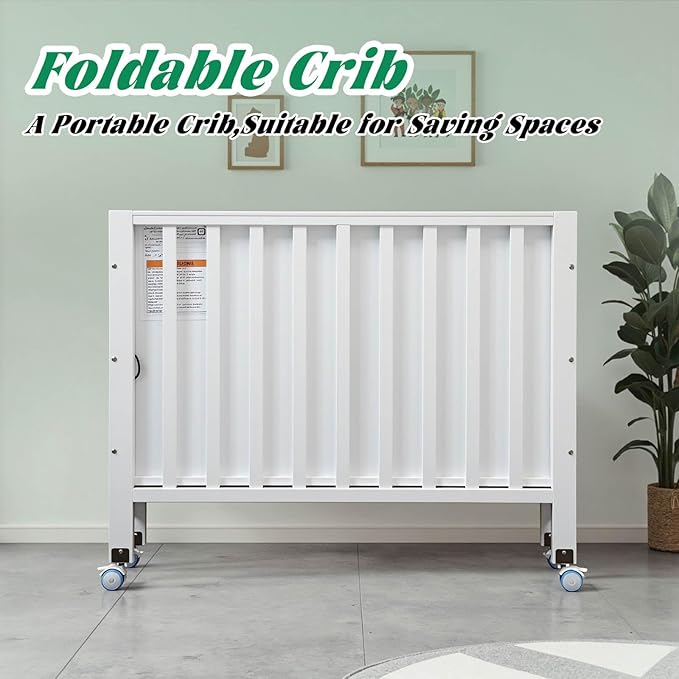 Foldable Mini Baby Crib - Portable 4-in-1 Convertible Baby Cribs,Pine Wood Bedside Bassinet,3 Heights Bassinet Bedside Sleeper with A Sponge Mattress,Wheeled,White
