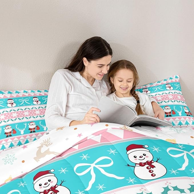 Feelyou Merry Christmas Tree Bedding Set Soft for Boys Girls, Cute Snowman Comforter Set Toddler Size Santa Claus Duvet Quilt Microfiber Cartoon Bowknot Bedroom Decor 2 Pcs with 1 Pillow Cases