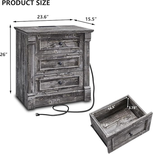 26" Tall Nightstand with Charging Station, Farmhouse 23.6" Wide Large End Table w/Roman Column, Wood Rustic Side Table w/Metal Handle, 3 Drawers Dresser for Bedroom, Living Room, Light Grey