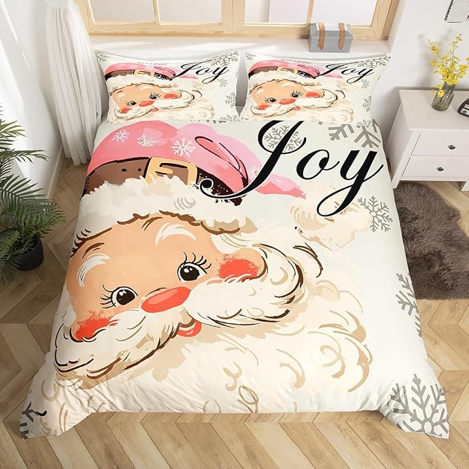 jejeloiu Pink Christmas Bedding Set for Kids Boys Girls Santa Claus Comforter Cover Set Full Size New Year Decor Duvet Cover Bedroom Decor Xmas Bedspread Cover Bedding Collection 3Pcs