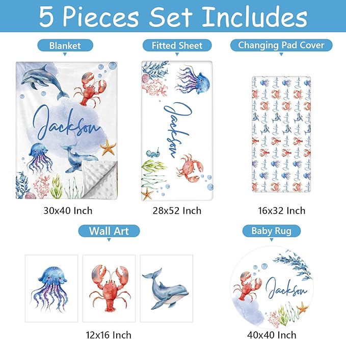 Custom Baby Crib Bedding Set, 5 Pcs Personalized Baby Crib Set with Name, Ocean Animals Design Nursery Bedding Sets, Toddler Bedding Set, Newborn Infant New Parents Customized Gift