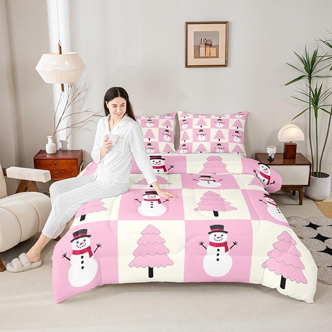 Feelyou Pink Christmas Kids Comforter Set King Size Snowman Bedding Set Xmas Tree Duvet Quilt for Kids Boys Girls Bedroom Decor Microfiber Ultra Soft Breathable