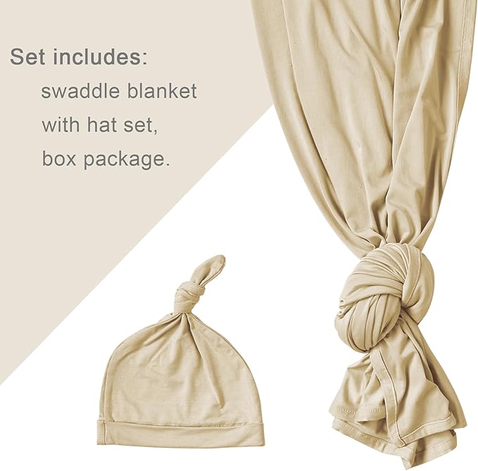 Newborn Swaddle Blanket with Hat Set Baby Swaddle Set Hospital Receiving Blankets for Girls Boys(Khaki)