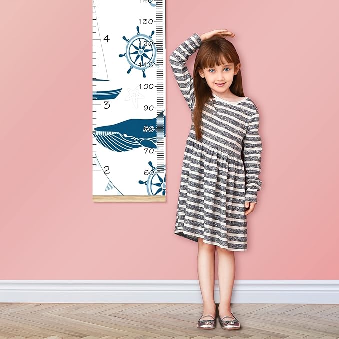 Personalized Kids Name Growth Chart Ruler for Wall Wood Frame Height Measure Chart 13.4x56 in Linen Hanging Height Growth Chart Nautical Lighthouse Sailboat Kids Room Decor