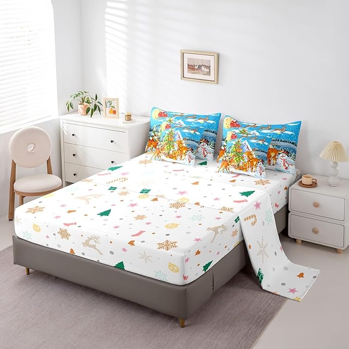 Christmas Decorations Bed in a Bag Xmas Deer Pine Tree Bed Set for Kids Boys Girls Merry Christmas Comforter Set with Sheets Winter Festival Present Bedding Set Bedding Queen Size