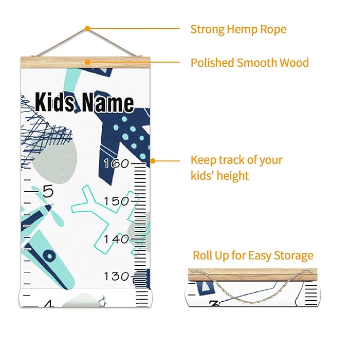 Personalized Kids Name Growth Chart Ruler for Wall Wood Frame Height Measure Chart 13.4x56 in Linen Hanging Height Growth Chart Airplane Collection Kids Room Decor