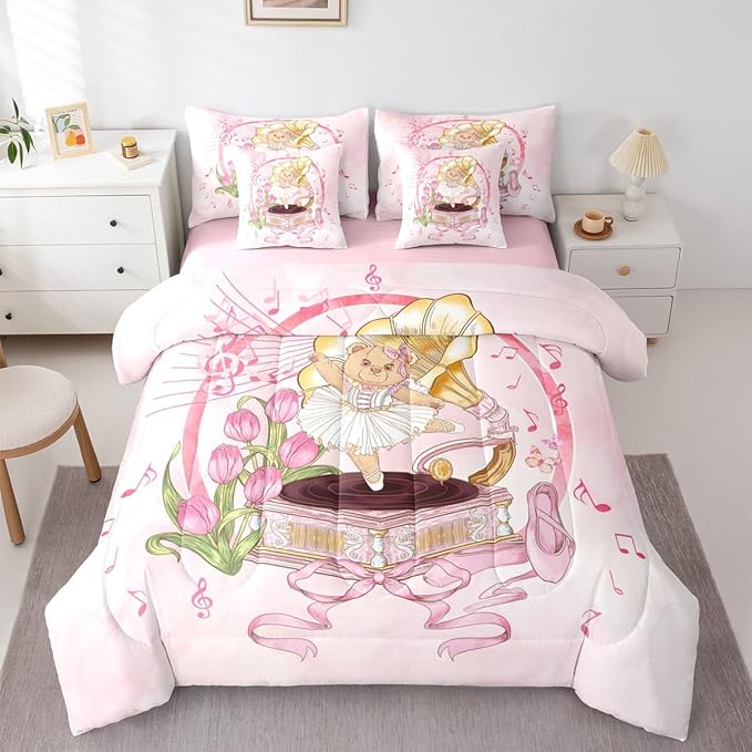 Ballerina Bear Kids Comforter King Size,Record Player Music Note Ballet Shoe 7 Pcs Bedding Set,Bowknot Bow Tie Princess Room Decor,Pink Romantic （Fitted+Sheet+2 Pillowcases+2 Throw Pillow Covers）