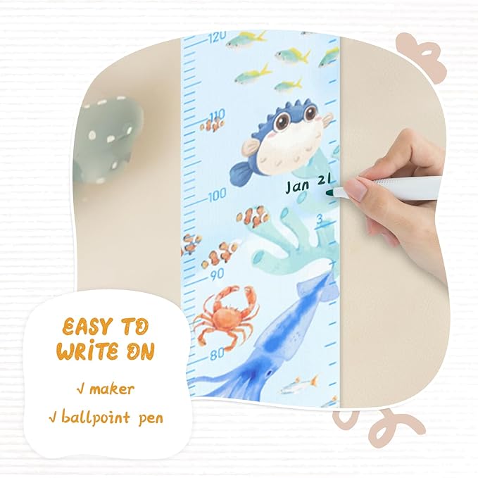 Personalized Name Growth Chart Wall Decor for Kids – Canvas Removable Height Chart Measuring Ruler 59" x 7.9" (Paint Marine Animals)