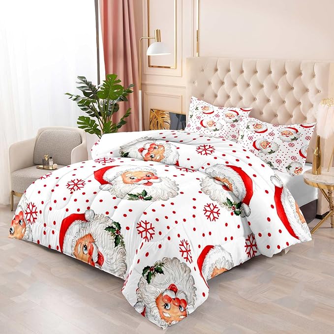 LUVIVIHOME 3PCS Merry Christmas Comforter Set Full Size, Red Snowflake Funny Santa Claus Bedding, Christmas Bedroom Decor, Soft Breathable Microfiber White Quilt, Xmas Gifts, 2 Pillow Shams