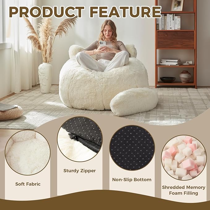 Bean Bag Chair for Adults Teen,Giant Bean Bag Chairs Cat Design,Plush Faux Fur Beanbag Couch Comfy Accent Floor Sofa for Reading, Playing, Relaxing in Living Room, Bedroom