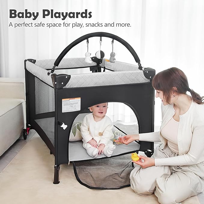 4 in 1 Baby Bassinet Bedside Crib with One-Hand Setup & Waterproof Mattress – ASTM-Certified Pack and Play, Portable Foldable Playard with Diaper Changer for Newborn to Toddler(Black)