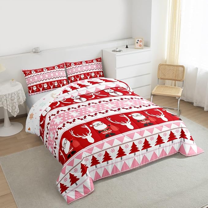 Feelyou Merry Christmas Tree Kids Comforter Set Twin Size Cute Snowman Bedding Set Santa Claus Duvet Quilt for Kids Boys Girls Bedroom Cartoon Bowknot Decor Microfiber Ultra Soft Breathable