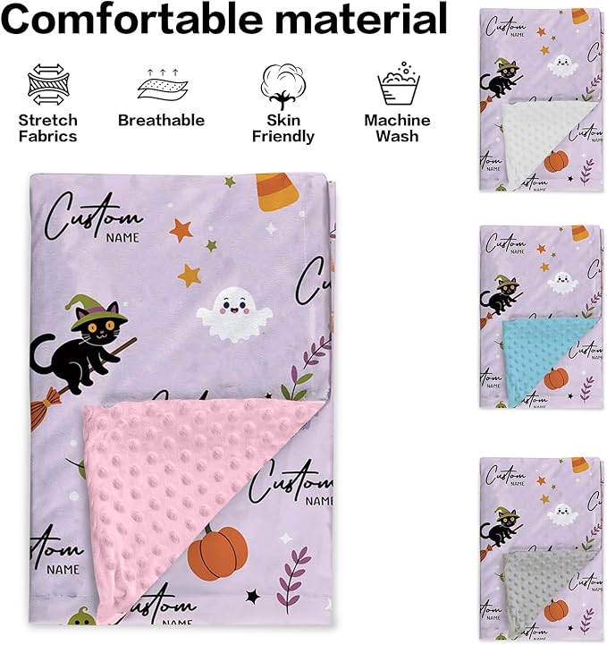 Personalized Halloween Blanket for Girls, Custom Baby Blanket with Name, Cat Pattern Soft Minky Dot Blanket, Halloween Decor Christmas Birthday Gifts for Kids Toddlers