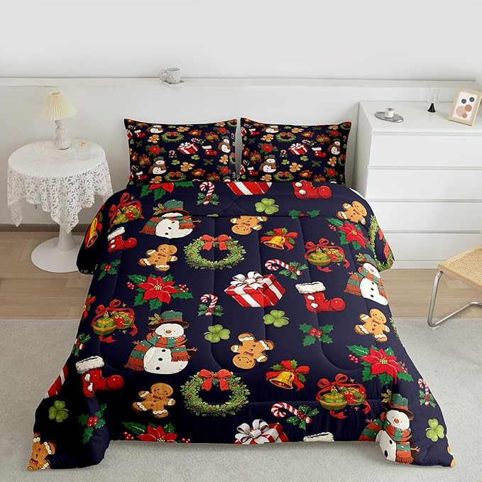 jejeloiu Merry Christmas Comforter Set Full Size Cute Snowman Bedding Set for Kids Boys Girls Gingerbread Man Duvet Quilt Dark Blue Bedroom Decor