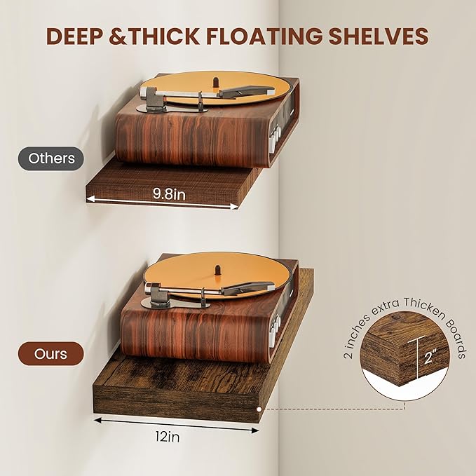 Vivelove 12" Deep Floating Shelves 24/36/48/55" Long, Wall Shelves for Living Room Bedroom Bathroom Kitchen Laundry Room, Farmhouse Rustic Shelves for Home Decor, 48" X 12" X 2" Set Of 2, Rustic Brown