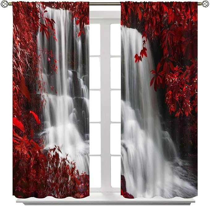 Red Forest Waterfall Blackout Windows Curtains, Waterfall Red Forest Black and Red Natural Landscape Print Window, for Living Room Bedroom 72x63in 2 Panels