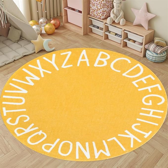 8ft Kids Circle Rug,ABC Rugs for Kids Playroom,Colored Alphabet Nursery Area Rug, Non-Slip Mat, Carpet Suitable Modern Home Decoration for Living Room Machine Washable Rugs, Anti-Slip Easy Clean