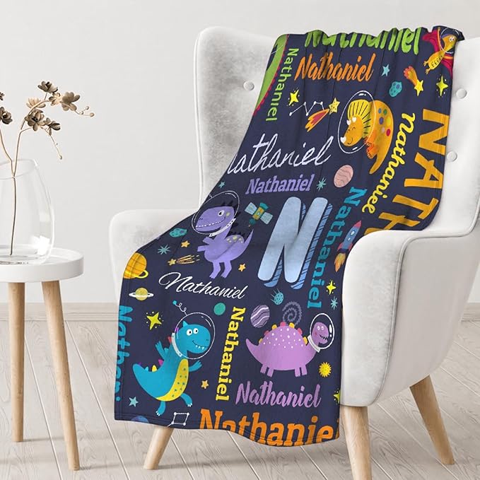 Dinosaur Lover Astronaut Personalized Blanket with Name Custom Dinosaur with Name Flannel Blanket Soft Throw Meaningful Gift for Toddlers Girls Boys Kids Pets 50 * 40" S for Kid