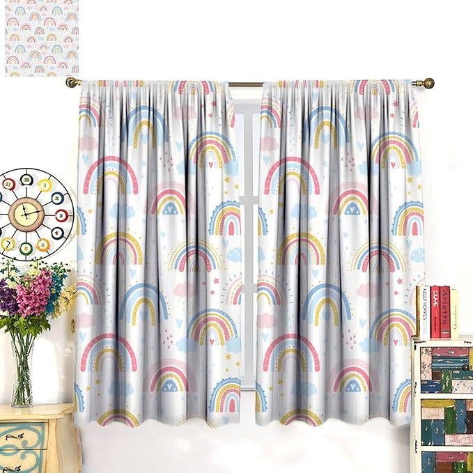 Kids Rainbow Curtains Boho Cartoon Colorful Stars Love Heart Lovely Abstract Art Pattern Print Window Drapes for Girl Bedroom Living Room Kitchen Decor,2 Panel Set,72Wx63H Inch Blackout