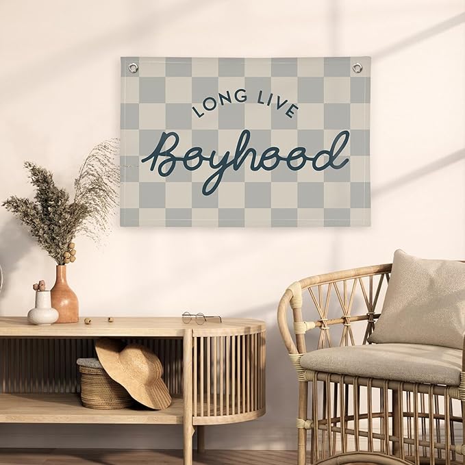 Long Live Boyhood Linen Banner，Vintage Nursery Checkered Flag Boys Room Decor，Decor Nursery Playroom Wall Decor for Kids Bedroom Dorm,Toddler Decorations Trendy Room Decor,Gifts for Teen boyroom