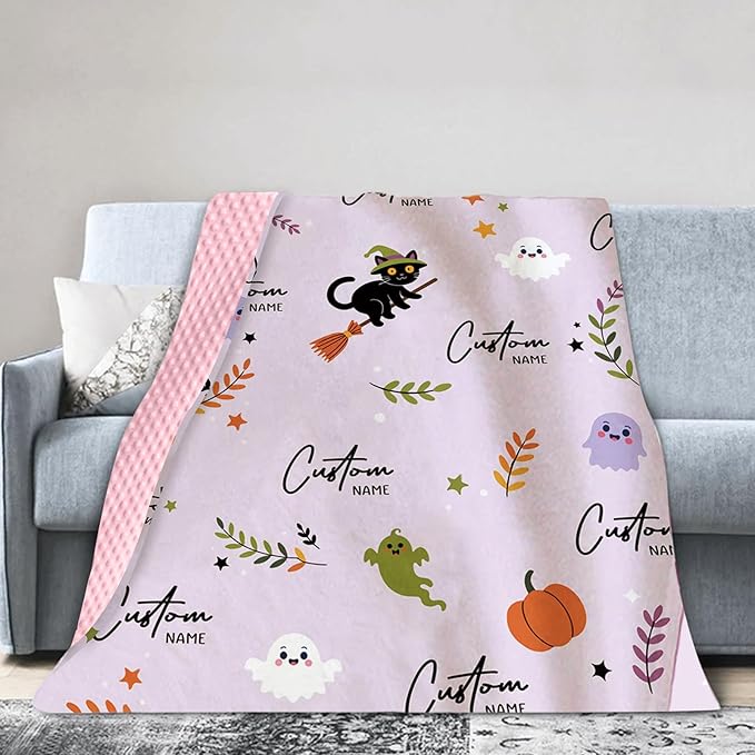 Personalized Halloween Blanket for Girls, Custom Baby Blanket with Name, Cat Pattern Soft Minky Dot Blanket, Halloween Decor Christmas Birthday Gifts for Kids Toddlers