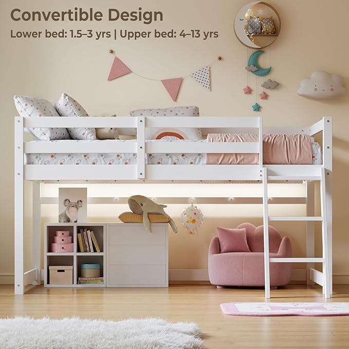 Vantic Floor Bunk Bed with LED Light, Low Bunk Bed with Wide Stairs, Convertible Soild Wooden Toddler Bunk Bed with 6 Hooks, Space-Saving, White
