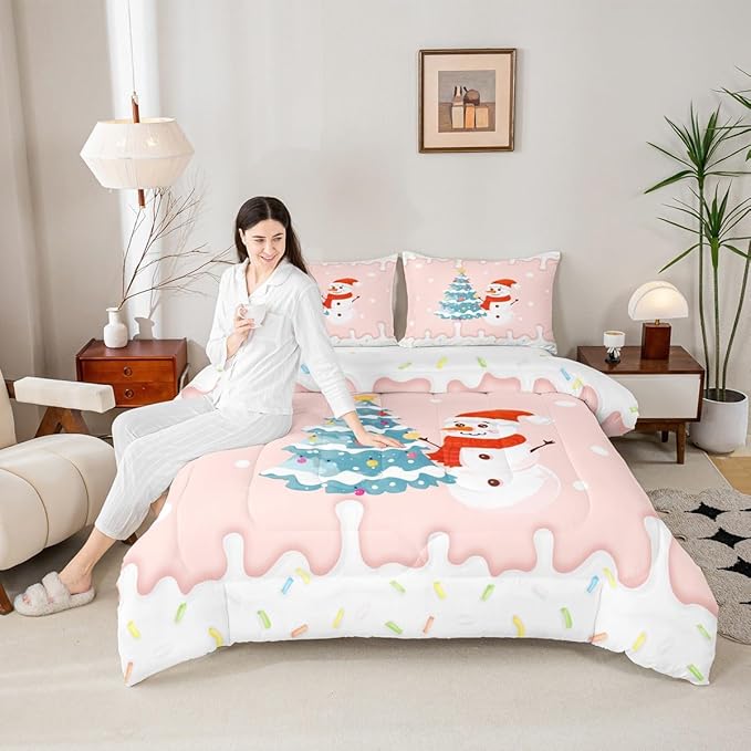 Castle Fairy Cartoon Christmas Comforter Set King Size,Xmas Cute Snowman Pine Trees Bedding Set All Season Quilt Set,Pink Cream Candy Girly Funny Microfiber Polyester Down Comforter