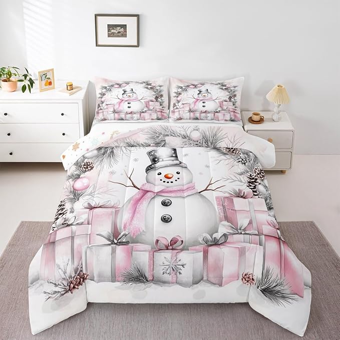 Feelyou Merry Christmas Comforter Set All Season Cute Snowman Bedding Set with 2 Pillow Cases Microfiber Kids King Bedclothes Snowflake Bedroom Decor Duvet Quilt Breathable Soft