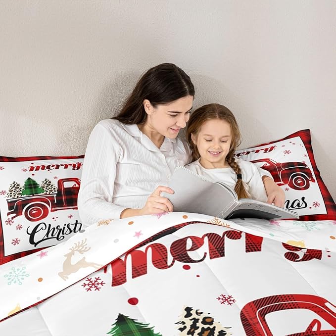 Manfei Xmas Truck Comforter Set Twin Size, Christmas Tree Snowflake Print Bedding Set 2pcs for Kids Boys Girls Bedroom Decor, New Year Theme Red Plaid Print Quilt Set with 1 Pillowcase