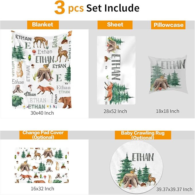 Custom Crib Bedding Set - Woodland Animals Design Personalized Name Baby Nursery Bedding 3 Pcs Set - Chic Soft Blanket, Sheet, Pillowcase for Newborns Boys Girls Gifts Color21