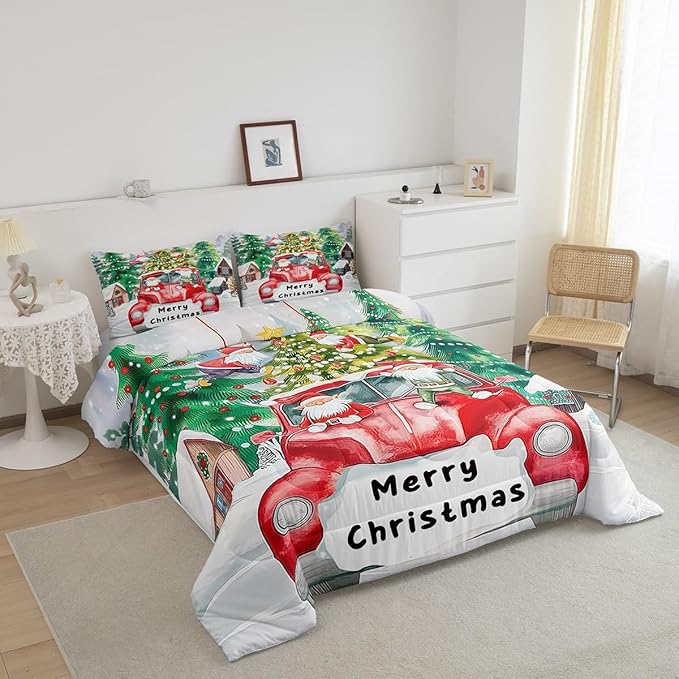 Christmas Tree Bedding Set Full Size,Red Truck Gnome Comforter Set for Kids Boys Girls Room Decor,Merry Christmas Polka Dot Cartoon Duvet Insert 3Pcs,Xmas Rustic Cabin Quilt Set,2 Pillowcases