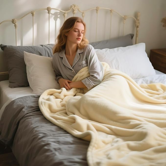 Plush Velvet Fleece Bed Blanket, Lightweight Queen Size Blanket, Soft Fuzzy Cozy Blanket for Couch (Cream Yellow, Twin)