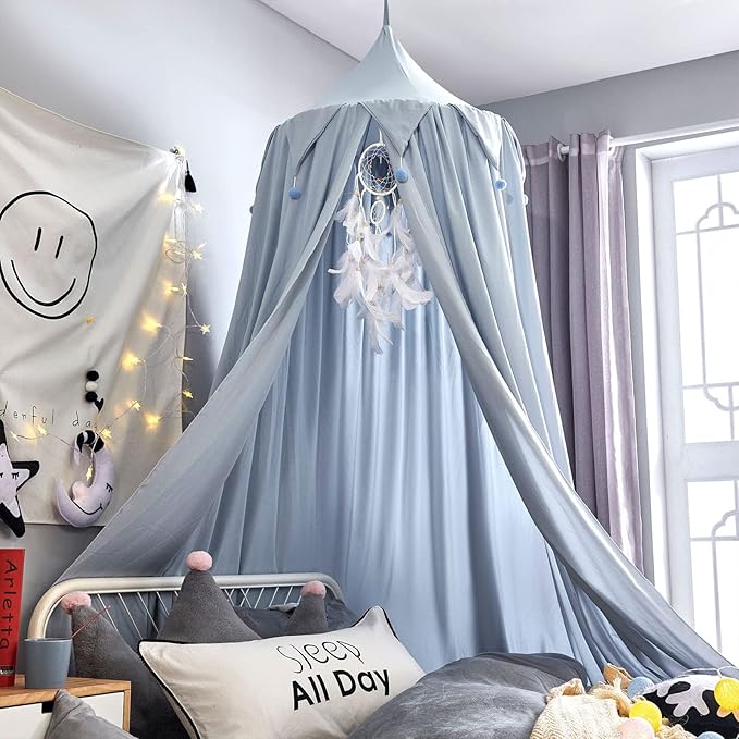 Bed Canopy for Girls, Round Dome Hanging Canopy for Baby Brib Kids Bed Room Decor Reading Nook Indoor Outdoor Playing Castle (Grey Blue)