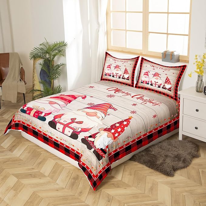 Christmas Gnomes Duvet Cover Set Twin Size, Rustic Wooden and Red Plaid Xmas Comforter Cover with 1 Pillowcase, New Year Theme Bedding Set for Kids Boy Girls Lightweight Bedspread Cover,No Comforter