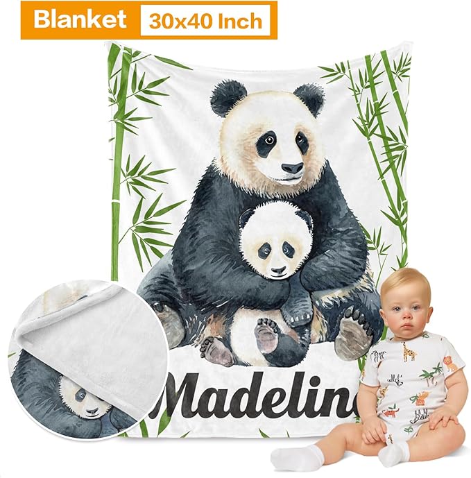 Custom Crib Bedding Set - Panda Design Personalized Name Baby Nursery Bedding 3 Pcs Set - Chic Soft Blanket, Sheet, Pillowcase for Newborns Boys Girls Gifts Color13