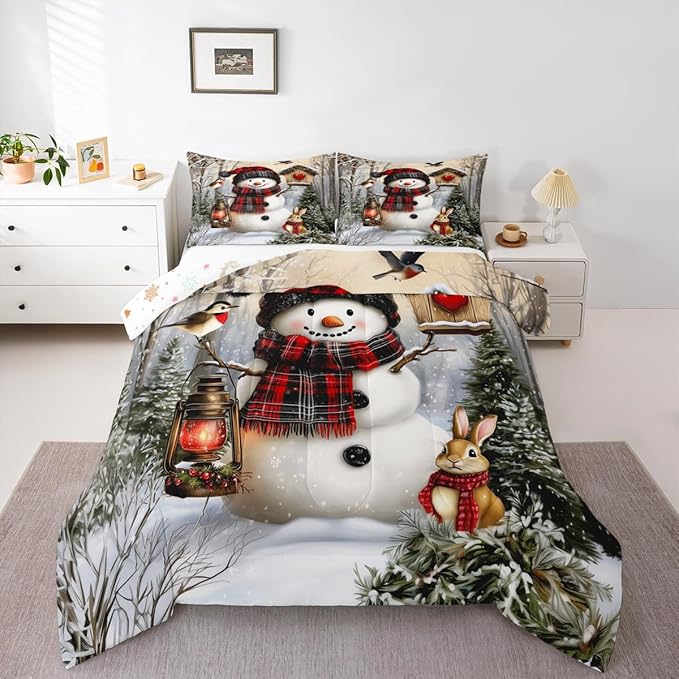 Kawaii Snowman Kids Comforter Set Queen Size,Rabbit Bird Poinsettia Bedding Set,Girl Boy Room Decor,Pine Tree Xmas Animal Snowflake Quilt Comforter,Gray Green Duvet Set Bedroom Quilt Set,2 Pillowcases
