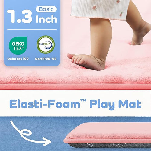 1.3" Thick Baby Floor Play Mat 39x59, Basic Padded Foam Mat for Tummy Time Crawling, Non Slip Cushioned for Babies Toddlers Infants Kids (Pink)