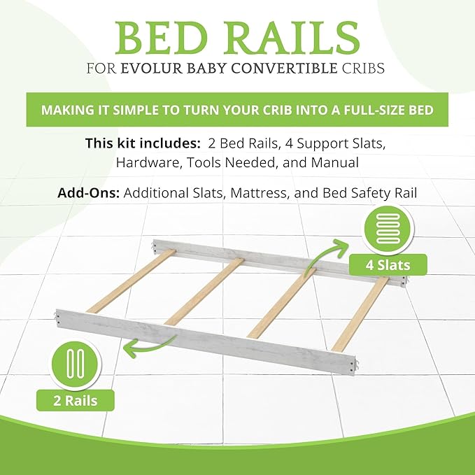 Full-Size Conversion Kit Bed Rails for Evolur Cribs - Solid Wood Crib Convertible Kit to Kids Bed - Transitional Style Rails & Easy-to-Install Child Essentials for Safety (Antique Grey Mist)