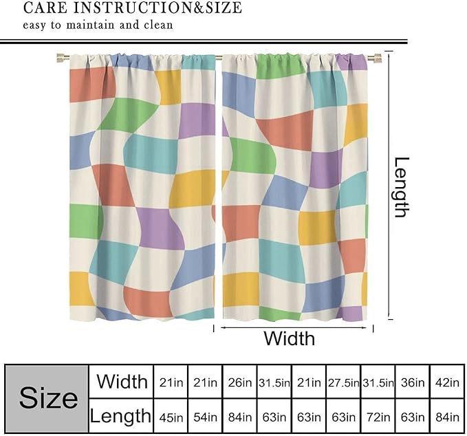 Checkered Curtains,70s Vintage Twisted Checkered Window Drapes Colorful Groovy Trendy Wavy Hippie Grid Print Window Treatments for Kids Girls Bedroom Living Room Bathroom 63" W X 72" L