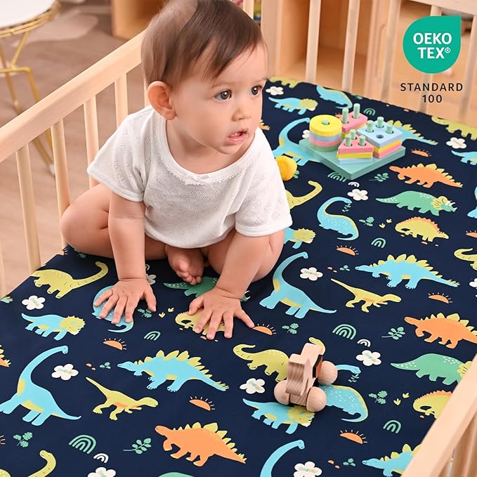 PHF Soft Mini Crib Sheet Set, 2 Pack Silky Comfy Pack N Play Sheets for Boys Girls, Universal Fit for Pack N Play, Playard and Mini Crib Mattresses, Dinosaur