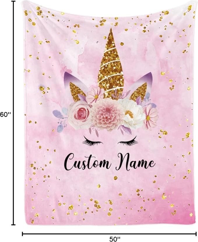 Personalized Unicorn Blanket with Name for Girl, Custom Name Blanket for Teen, Soft Flannel Pink Unicorn Toddler Blanket Customized Gift for Birthday New Year Gift 50''x60''