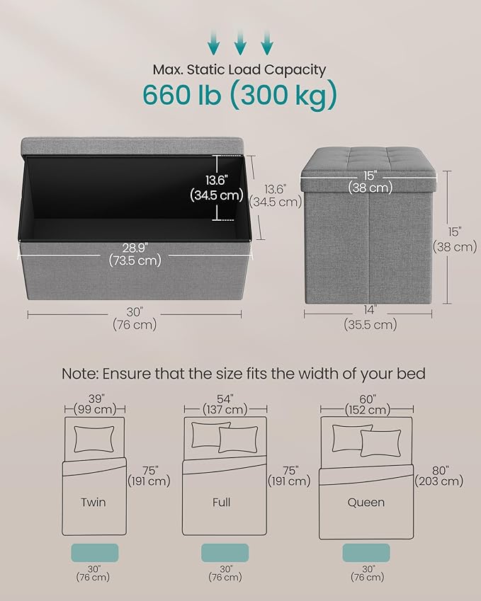 SONGMICS MAZIE Collection - 30 Inches Folding Storage Ottoman Bench, Ottoman Foot Rest, End of Bed Bench, Storage Chest, Load 660 lb, for Living Room, Bedroom, Entryway, Light Gray ULSF47G