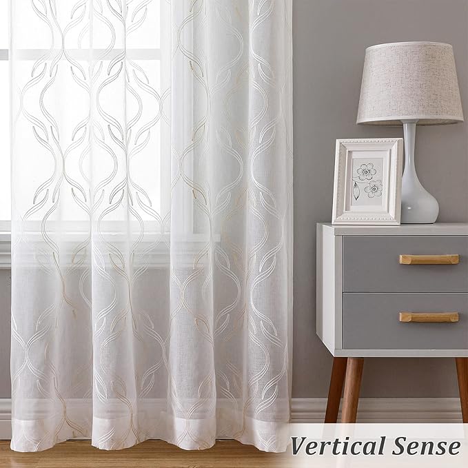 VISIONTEX Sheer Curtains 63 Inches Long 2 Panels Set, Beige and Ivory Moroccan Embroidery Texture Geometric Rod Pocket White Voile Tulle Semi Window Treatment Pair for Bedroom, W54 x L63