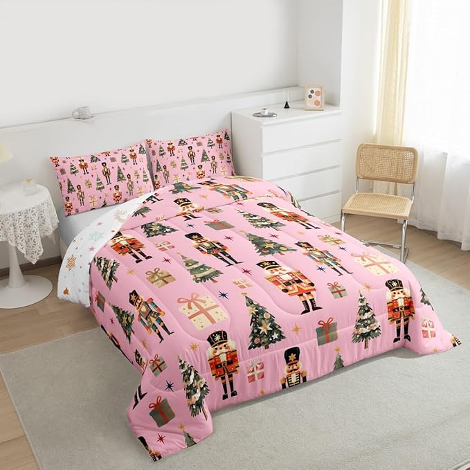 jejeloiu Xmas Nutcracker Comforter Set Queen Size Christmas Pink Bedding Set for Kids Boys Girls Cute Snowflakes Duvet Quilt Bedroom Decor