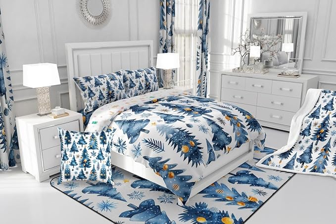 Feelyou Christmas Kids Comforter Set Queen Size Xmas Tree Bedding Set Snowflake Duvet Quilt for Kids Boys Girls Bedroom Watercolor Blue Decor Microfiber Ultra Soft Breathable