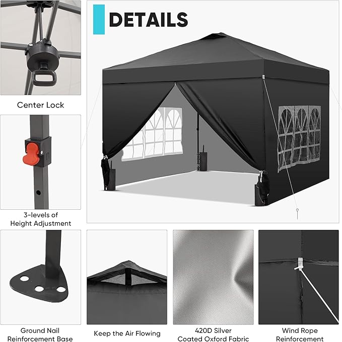 GDY 12x12 Pop Up Canopy Tent with 4 Sidewalls, Easy Set up with One Push Lift Outdoor Silver Coated Beach Gazebos, Carpas for Pool, Events, Parties, and Camping, Black.