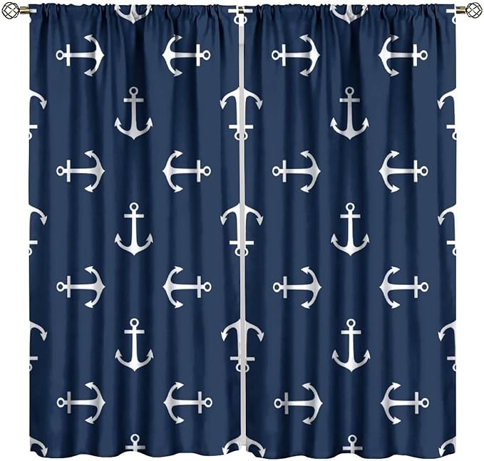 BAEKJIN Nautical Curtains,MarineThemed Oceanic Anchor Pattern Print Decor Home Bedroom Living Room Window Treatments 2 Panel Set 42x45 Inch